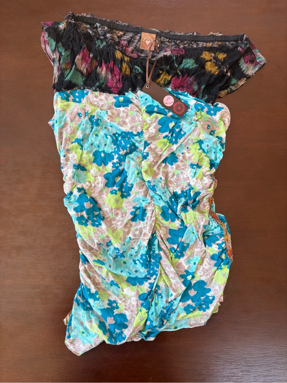 Language Multicolor Floral Off-Shoulder Top with Black Smocked Yoke